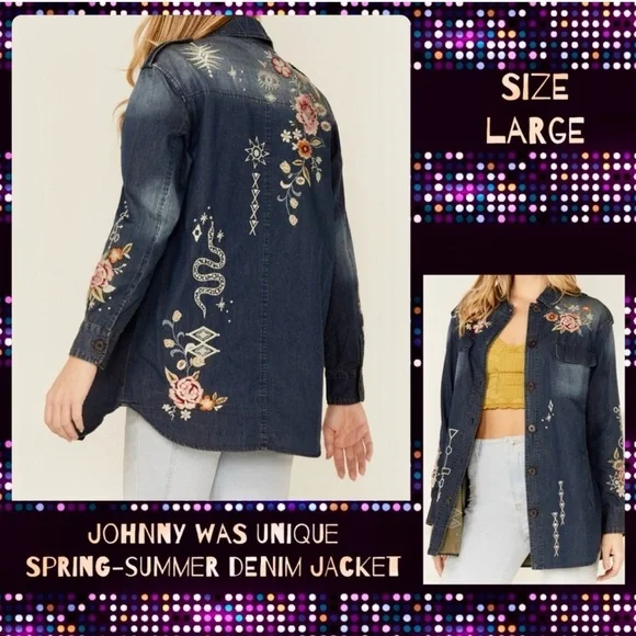 🔥🔥NWT Johnny Was Umoya Oversized Denim Blue With Floral Embroidery Jacket Large - Picture 2 of 14